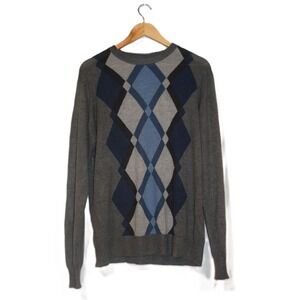 Mens Argyle Knit Sweater Long Sleeve Crew Neck Pullover Size M